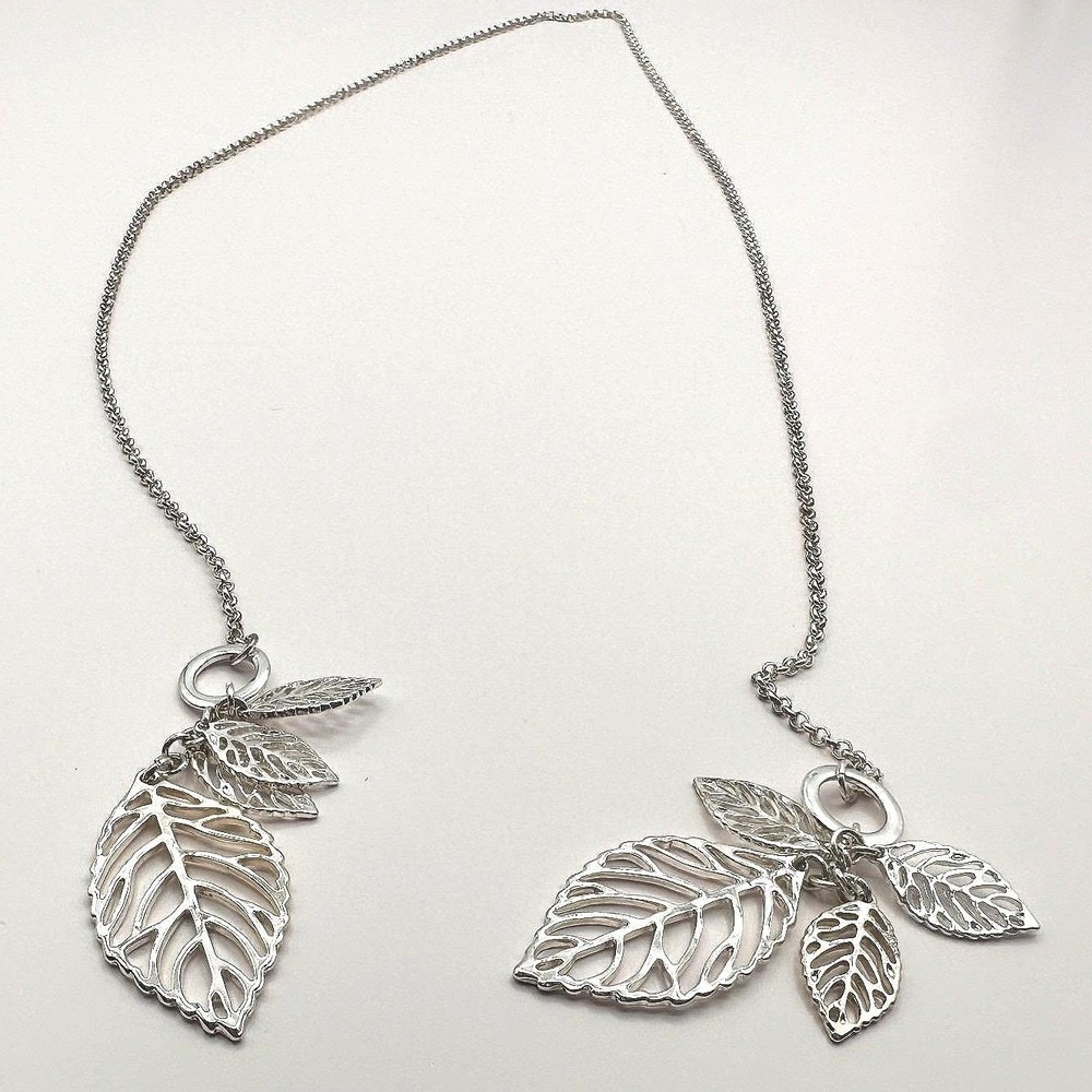 Vintage Y2K Silver Tone Multi Leaf Charm Lariat Necklace Boho Nature Jewelry‎